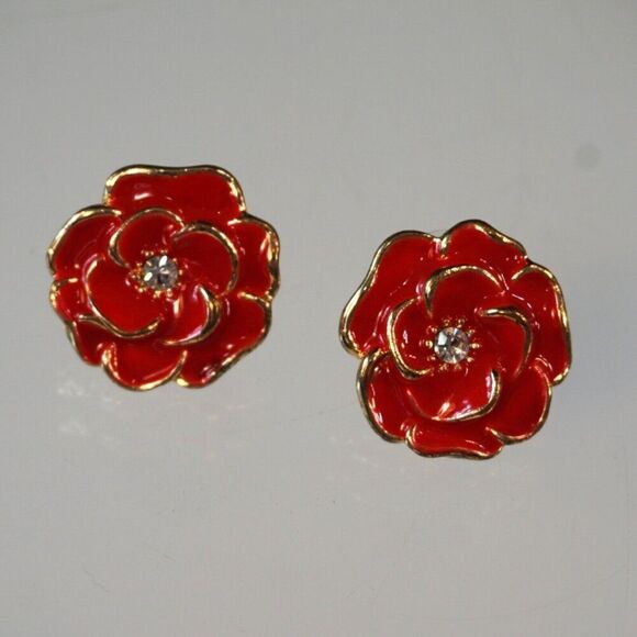 Red Rose Enamel Flower Stud Earrings - Picture 2 of 8
